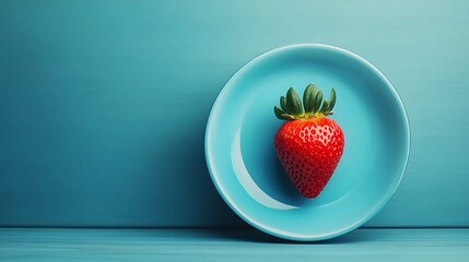 Isolated strawberry lies in a plate with a matching backdrop, suitable for a blog about healthy eating