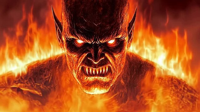 Intense depiction of a demon surrounded by flames showcasing power and fury in a dark fantasy setting