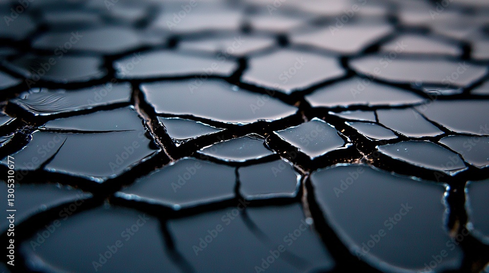 Poster a zoomed-in photo of a broken surface with water droplets on both its upper and lower edges
