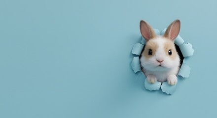Obraz premium Easter bunny jumping out of a hole in a blue wall with copy space, white rabbit peeking out of a torn paper