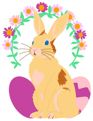 Easter Bunny Illustration with Flowers and Eggs  sticker