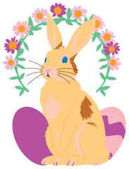 Easter Bunny Illustration with Flowers and Eggs  sticker