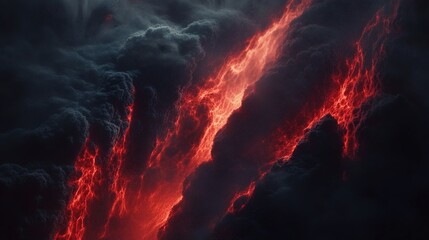 Fototapeta premium Dramatic burning red hot lava flowing through dark clouds creating stunning contrast. Ai generative