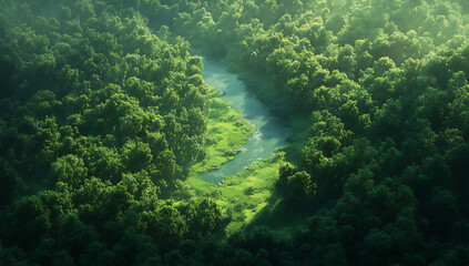 aerial view of a dense, green forest with a river flowing through it,