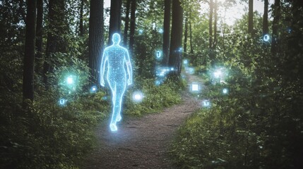 Ethereal figure walking in a serene forest.