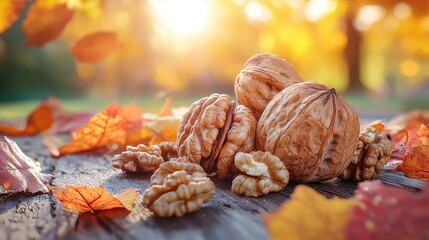 Fototapeta premium Autumn Walnuts Outdoors, Harvest, Sunlit Wood