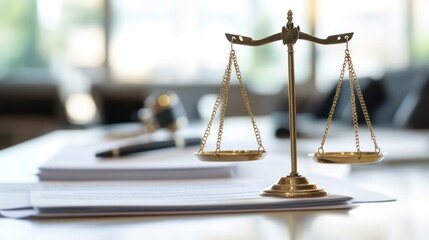 Justice Scales on Documents in Courtroom