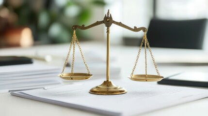 Law scales on documents, office background, justice concept, use in legal brochures