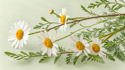 Fototapeta premium A delicate arrangement of chamomile flowers with green leaves on a soft pastel background