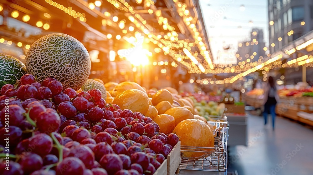 Poster fruits and veggies on display with a person in the background, lit by strings