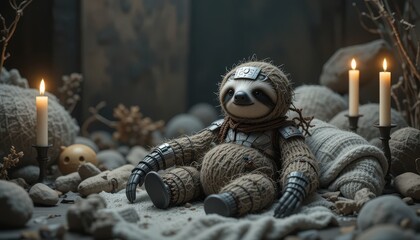 Obraz premium Adorable Sloth in Knitted Armor Relaxing Amidst Candles and Stones