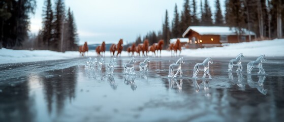 Fototapeta premium Delicate ice figures of horses gracefully assemble on a frozen lake, with a snow-clad forest and cabin creating a warm contrast in the background.