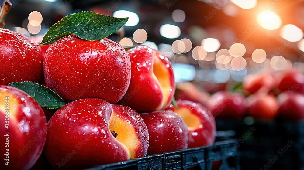 Poster a red apple pile topped by a green leaf has a bite mark on one of the apples