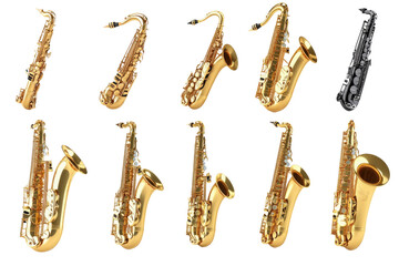 Various saxophones displayed in a row showcasing different designs and colors against a white background, cut out 