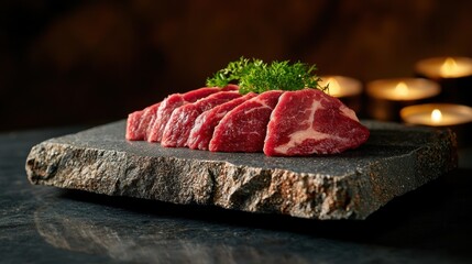 A slab of meat with a bunch of parsley on top