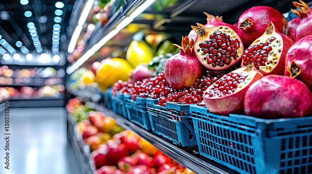 Poster a display of pomegranates illuminated by background lights is seen in the produce section of a groce