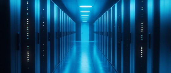 A long corridor of illuminated servers casts a blue glow, embodying the core of digital technology's silent power and connectivity.