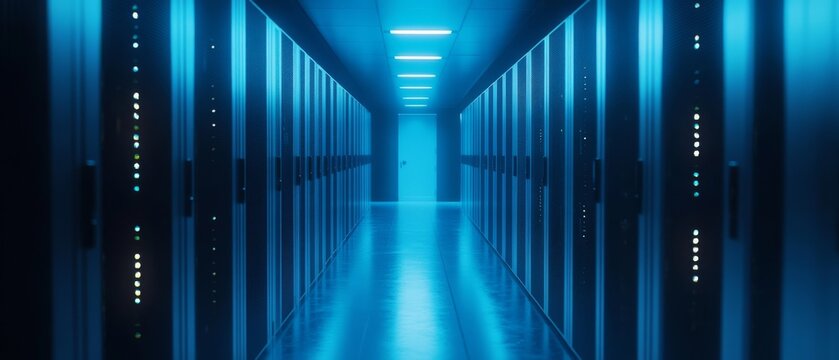 A long corridor of illuminated servers casts a blue glow, embodying the core of digital technology's silent power and connectivity. - Powered by Adobe