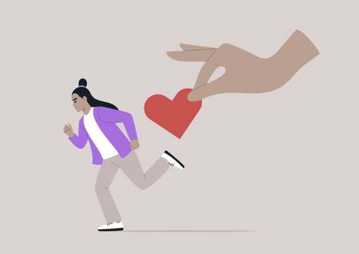 A figure dashes away from an outstretched hand offering a heart, symbolizing the struggle of avoidant attachment in personal relationships and the fear of intimacy