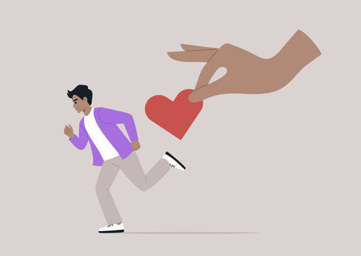 A figure dashes away from an outstretched hand offering a heart, symbolizing the struggle of avoidant attachment in personal relationships and the fear of intimacy