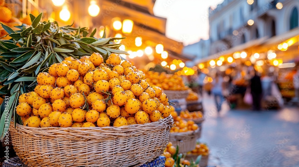 Poster an array of oranges in a basket atop a table near an orange heap