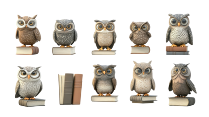 Collection of artistic owl figurines on books, showcasing various designs and colors in a whimsical arrangement, cut out 
