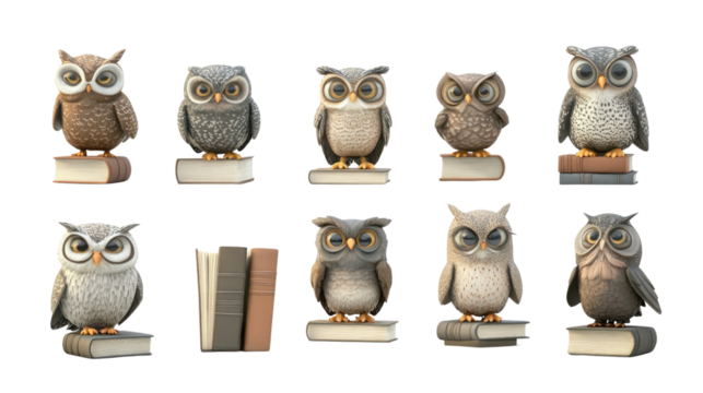 Collection of artistic owl figurines on books, showcasing various designs and colors in a whimsical arrangement, cut out 