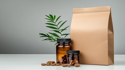 Brown paper bag containing sleeping pills and medicine bottles set against a white background, ideal for online medical supply promotion