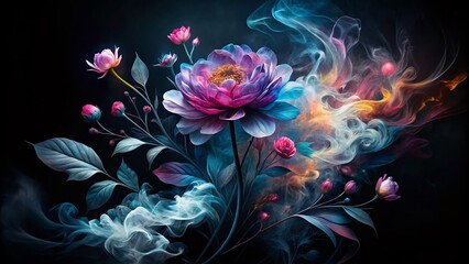 Ethereal Ink Flower Silhouette: Digital Art Print,  Dark Floral Background