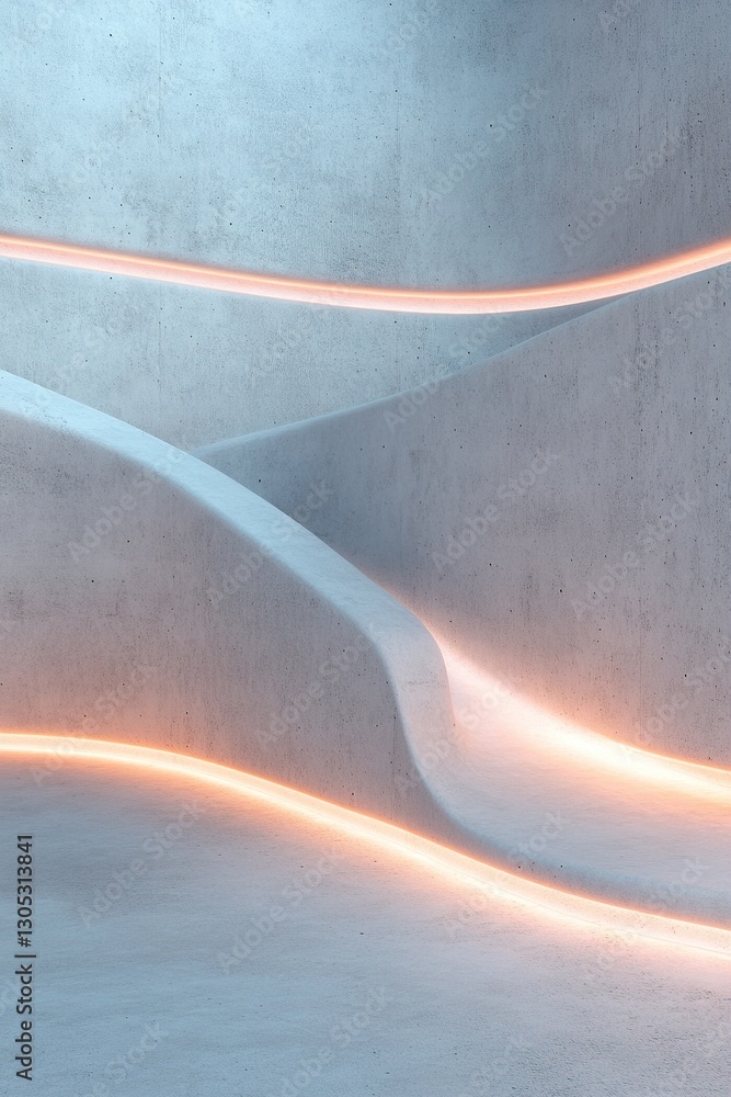 Poster a high-end concrete backdrop showcases glowing holographic light ribbons floating seamlessly across 