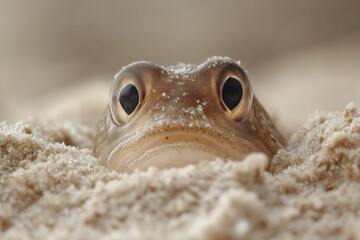 Obraz premium Detailed view of a fish partially buried in sand revealing its large eyes in a serene underwater environment