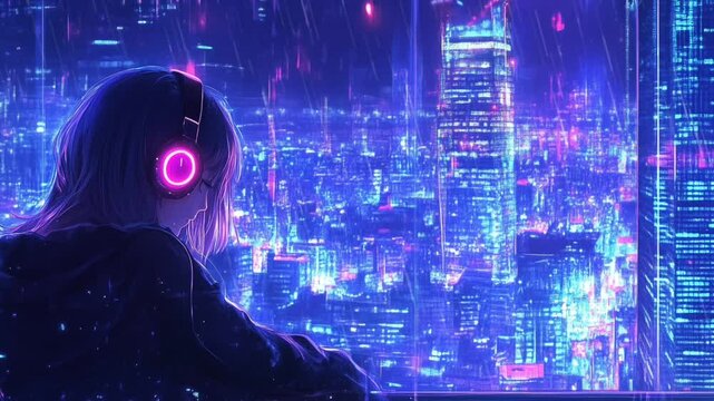 Anime girl wearing glowing headphones overlooking a futuristic cyberpunk cityscape at night with neon lights. Seamless looping 4K time-lapse animation video background.