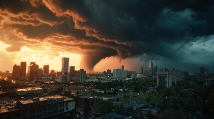 Fototapeta premium A city skyline is shown with a large storm cloud in the background