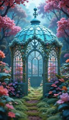 Enchanting Teal Gazebo in a Magical Flower Garden Path