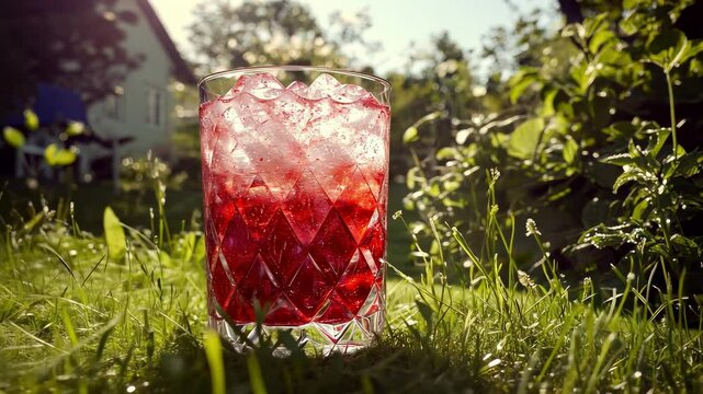 cocktail with raspberries and ice on a garden background. Selective focus