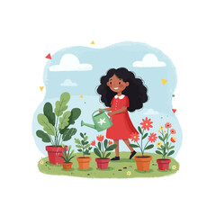 Girl Watering Flowers in Garden with Watering Can Illustration