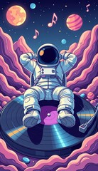 Astronaut Relaxing on Vinyl Record in Cosmic Space Environment