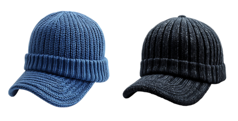 Set of a stylish black knitted hat, isolated on a transparent background. PNG