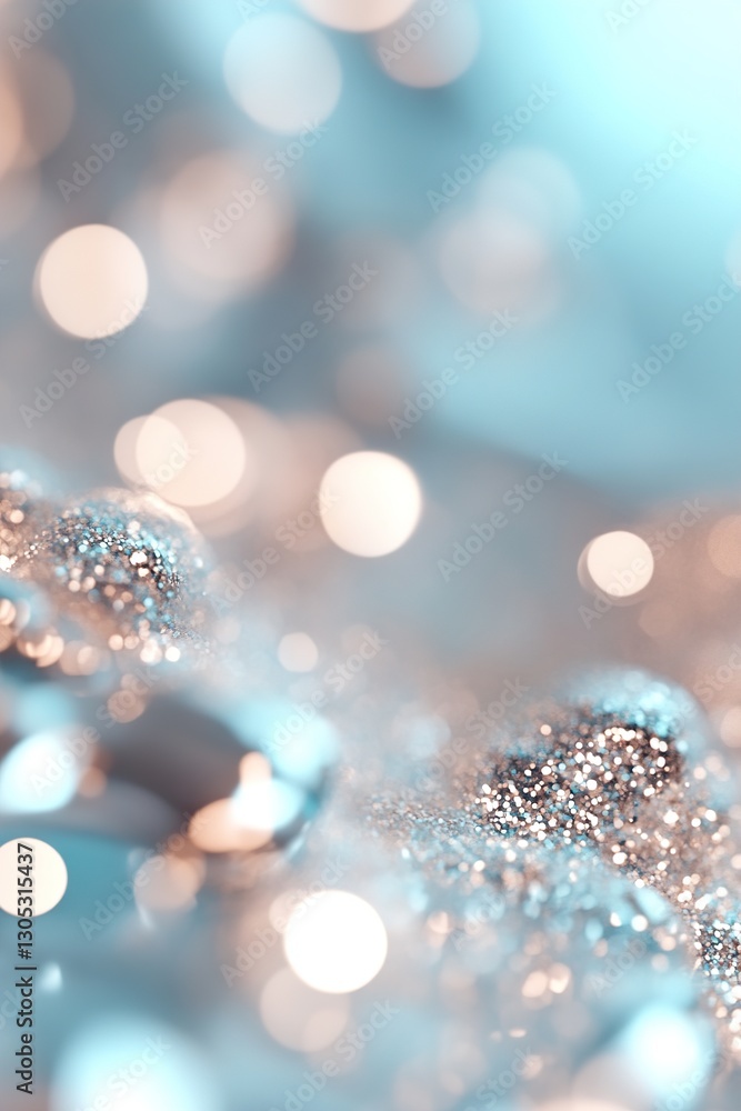 Poster exploring a dreamy abstract landscape where pastel teal transitions to baby blue. luminous particles
