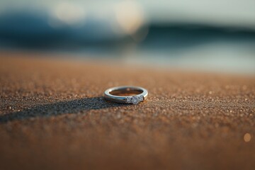 Diamond engagement ring on sandy beach with ocean waves in the background. A romantic and dreamy symbol of love, marriage, and proposals. Perfect for wedding themes and love stories