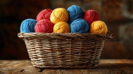 Colorful Yarn Balls in a Rustic Basket