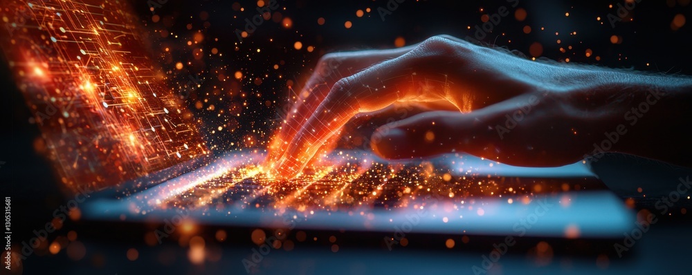 Poster hand interacting with illuminated keyboard representing futuristic technology