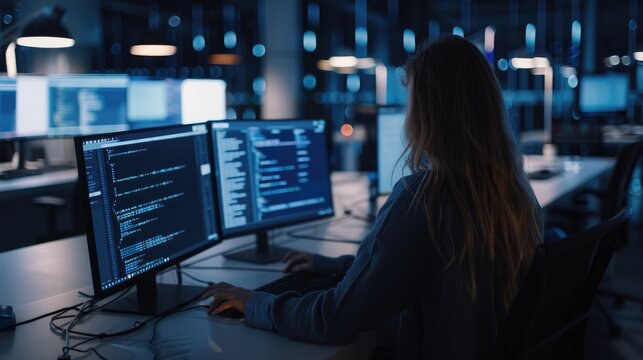 A female programmer works on code using dual computer monitors in an office