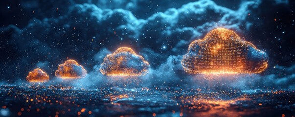 Fototapeta premium Glowing digital clouds with binary patterns in a futuristic data landscape