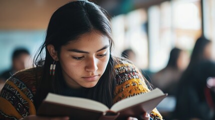 young native american woman with long hair reading book at table in classroom with focus and concentration. cultural heritage, educational program, learning language. education, knowledge pursuit.