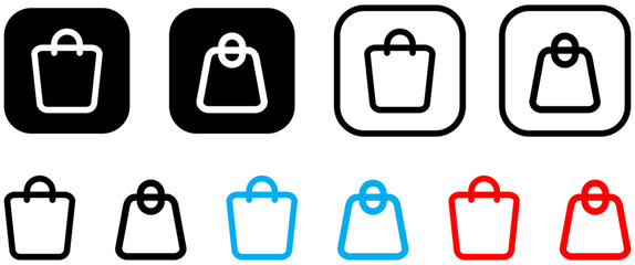 Set of shopping bag icon in black fill and in line style with different colors.