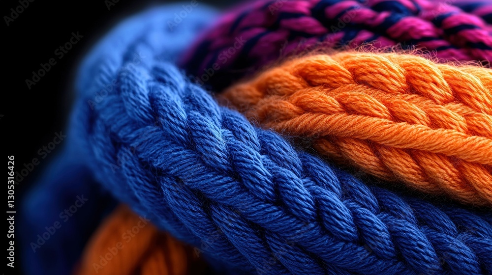 Poster a close-up image of a multicolored ball of yarn with individual threads visible on top of each other