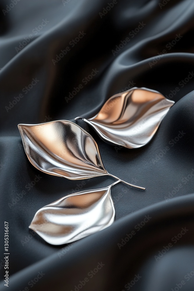 Poster floating chrome botanical shapes create a striking visual against a deep black silk backdrop. this u