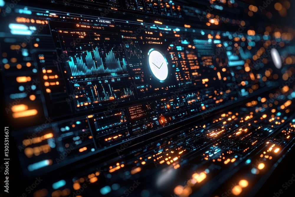 Poster high-tech interface displaying futuristic data visualization and analytical graphics