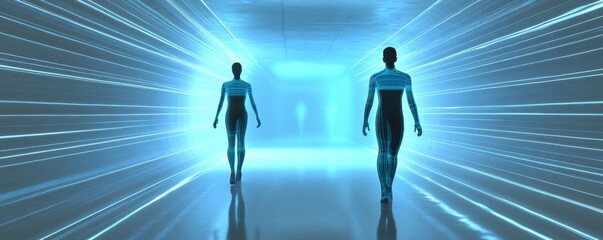 Futuristic figures exploring a glowing corridor